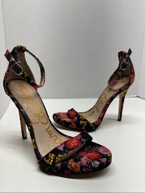 Sam Edelman Eleanor High Heels Open Toe Ankle Strap Floral Shoes Black Size 8